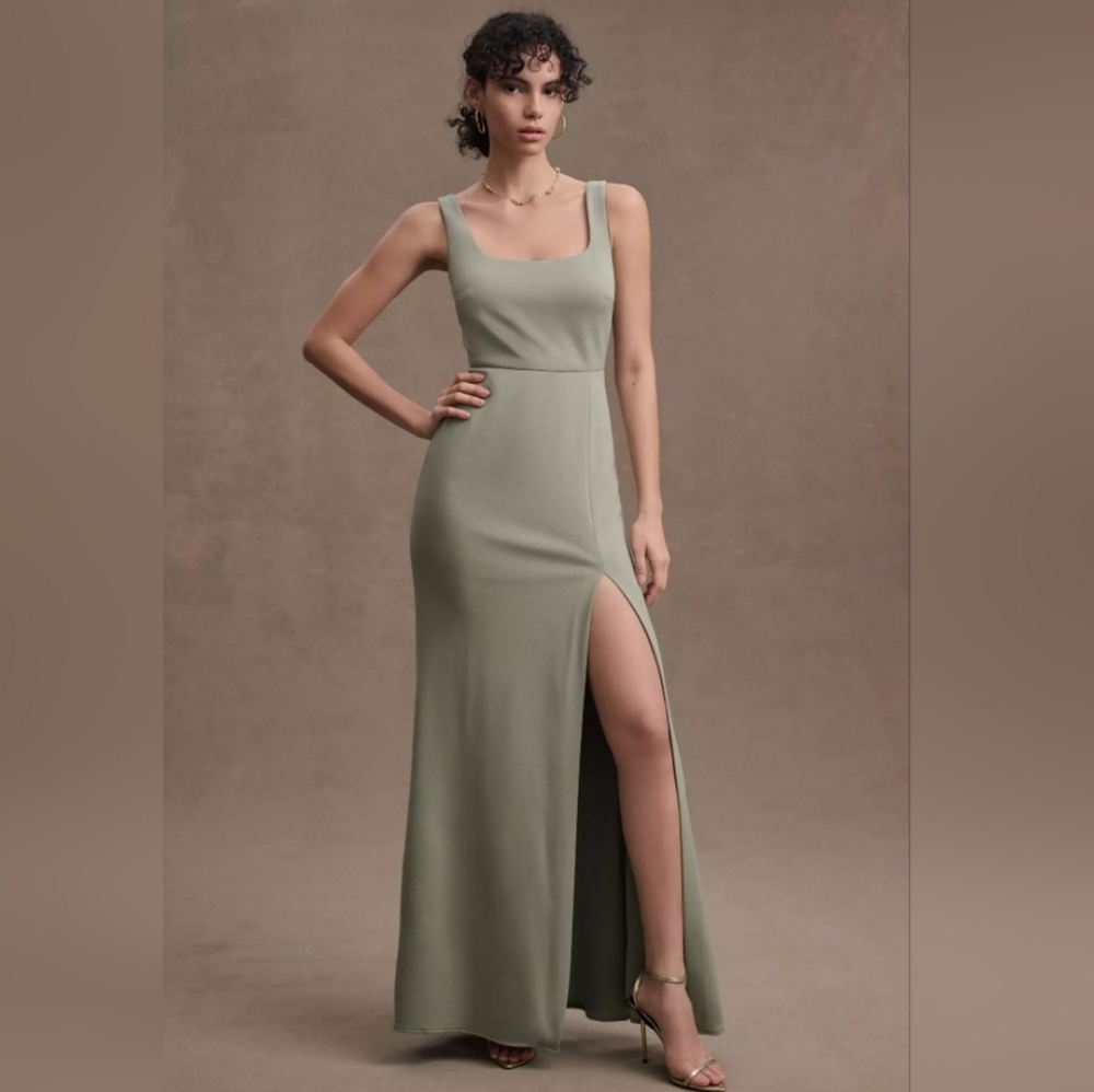 Anthropologie BHLDN Ashlyn Square-Neck Stretch Crepe Side-Slit Gown Maxi Dress